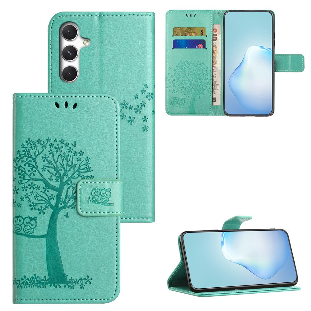 For Samsung Galaxy A57 5G Case PU Leather Owl Tree Imprinted Wallet Phone Cover with Strap  - Cyan