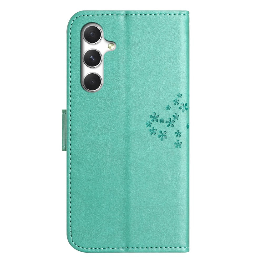 For Samsung Galaxy A57 5G Case PU Leather Owl Tree Imprinted Wallet Phone Cover with Strap  - Cyan