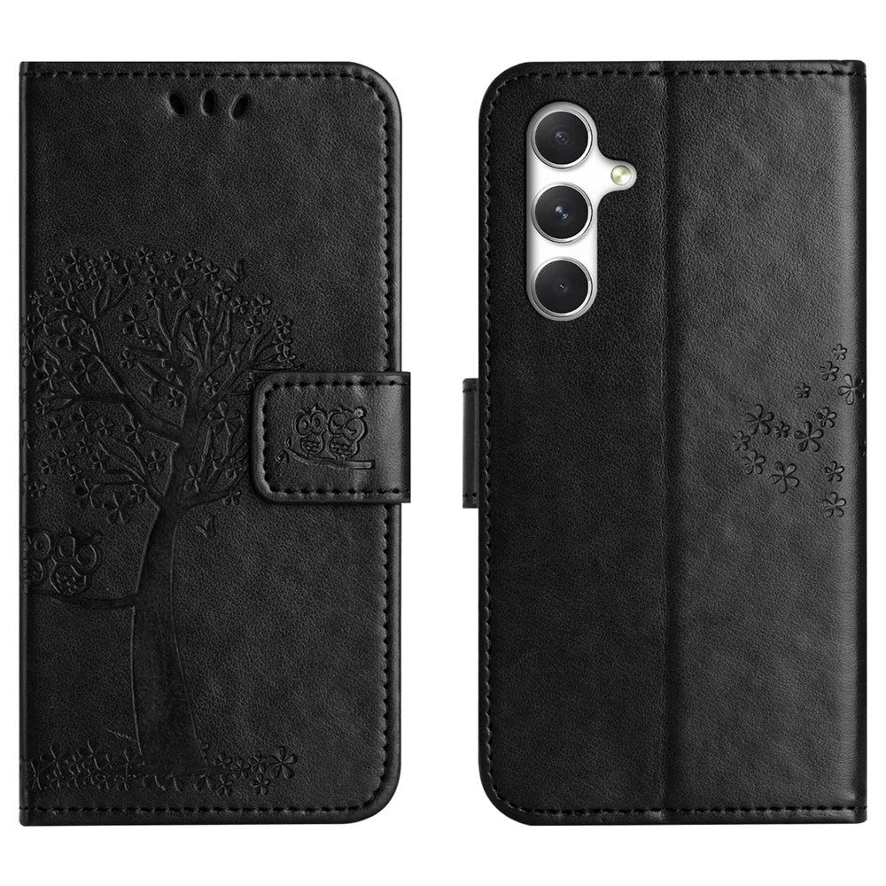 For Samsung Galaxy A57 5G Case PU Leather Owl Tree Imprinted Wallet Phone Cover with Strap  - Black