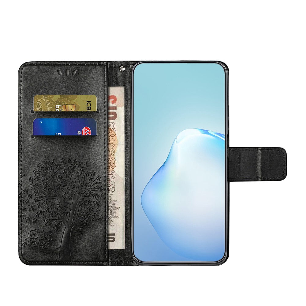 For Samsung Galaxy A57 5G Case PU Leather Owl Tree Imprinted Wallet Phone Cover with Strap  - Black
