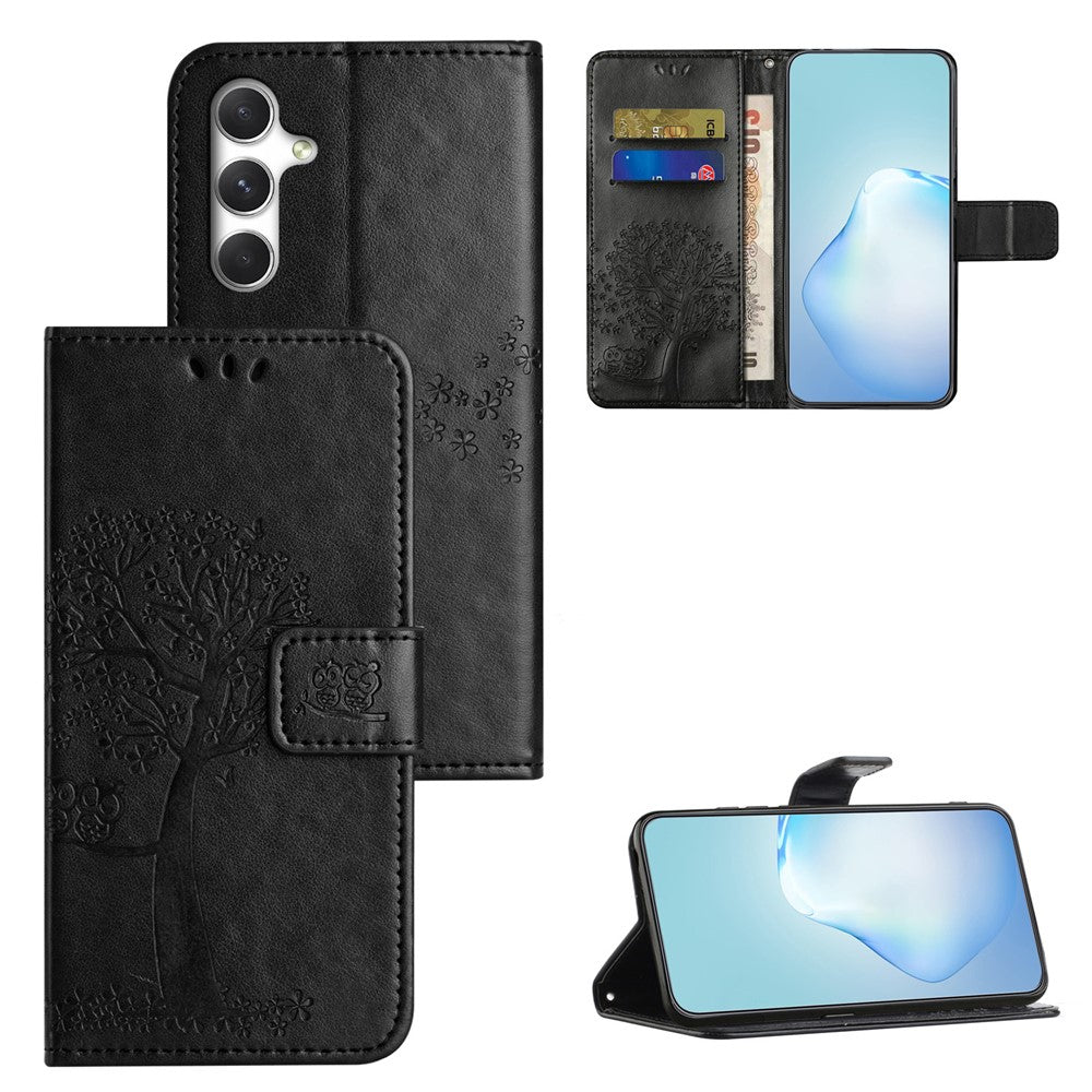For Samsung Galaxy A57 5G Case PU Leather Owl Tree Imprinted Wallet Phone Cover with Strap  - Black
