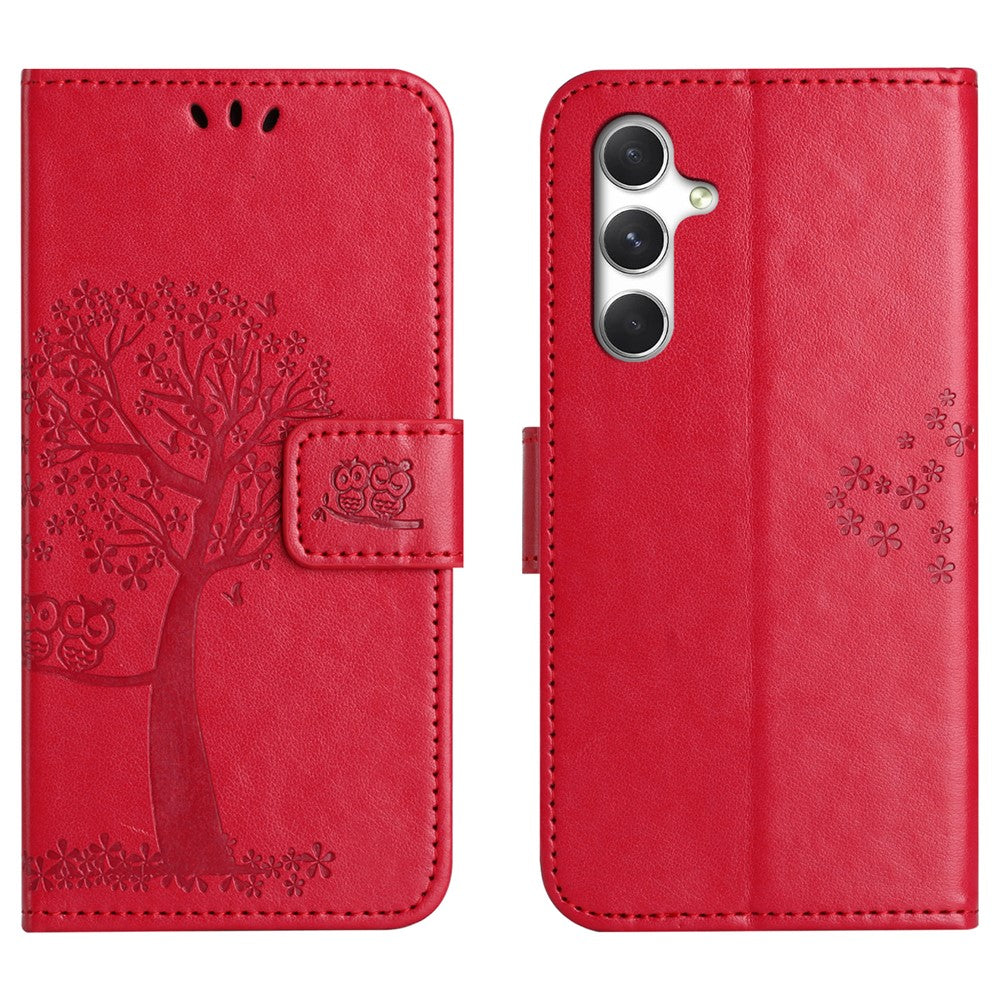 For Samsung Galaxy A57 5G Case PU Leather Owl Tree Imprinted Wallet Phone Cover with Strap  - Red