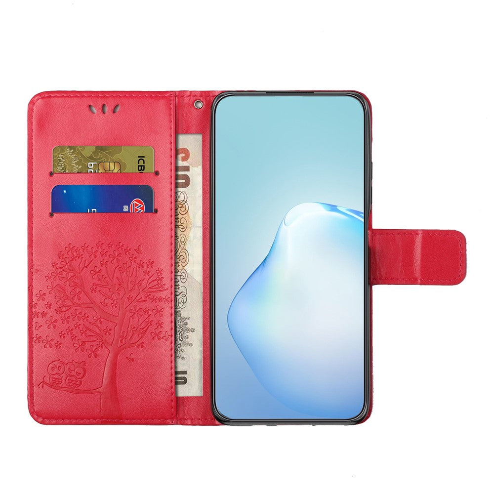 For Samsung Galaxy A57 5G Case PU Leather Owl Tree Imprinted Wallet Phone Cover with Strap  - Red
