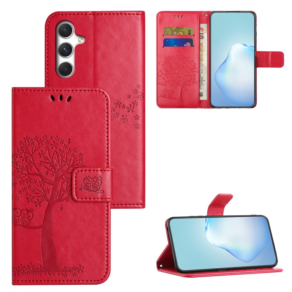 For Samsung Galaxy A57 5G Case PU Leather Owl Tree Imprinted Wallet Phone Cover with Strap  - Red