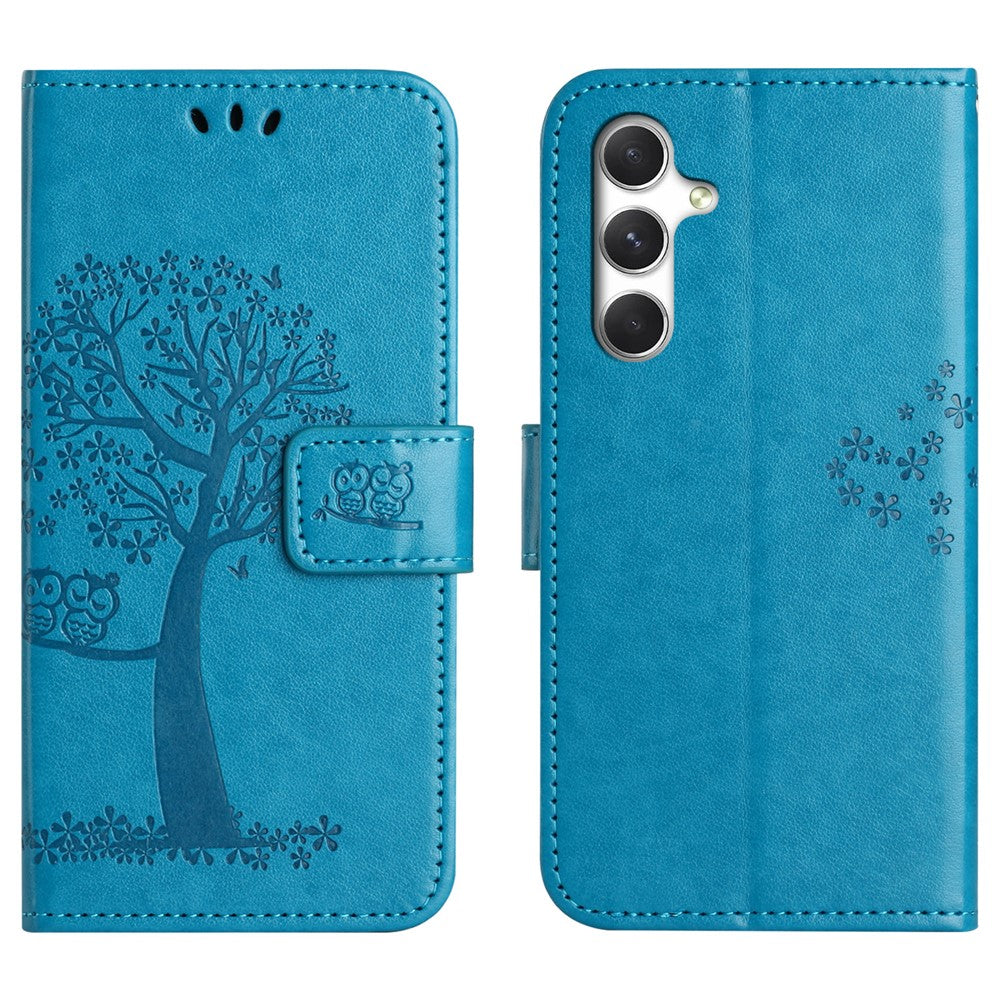For Samsung Galaxy A57 5G Case PU Leather Owl Tree Imprinted Wallet Phone Cover with Strap  - Blue