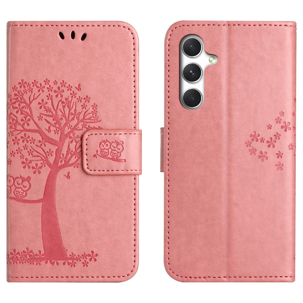 For Samsung Galaxy A57 5G Case PU Leather Owl Tree Imprinted Wallet Phone Cover with Strap  - Pink