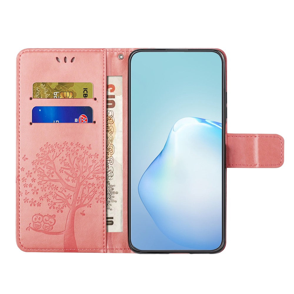 For Samsung Galaxy A57 5G Case PU Leather Owl Tree Imprinted Wallet Phone Cover with Strap  - Pink