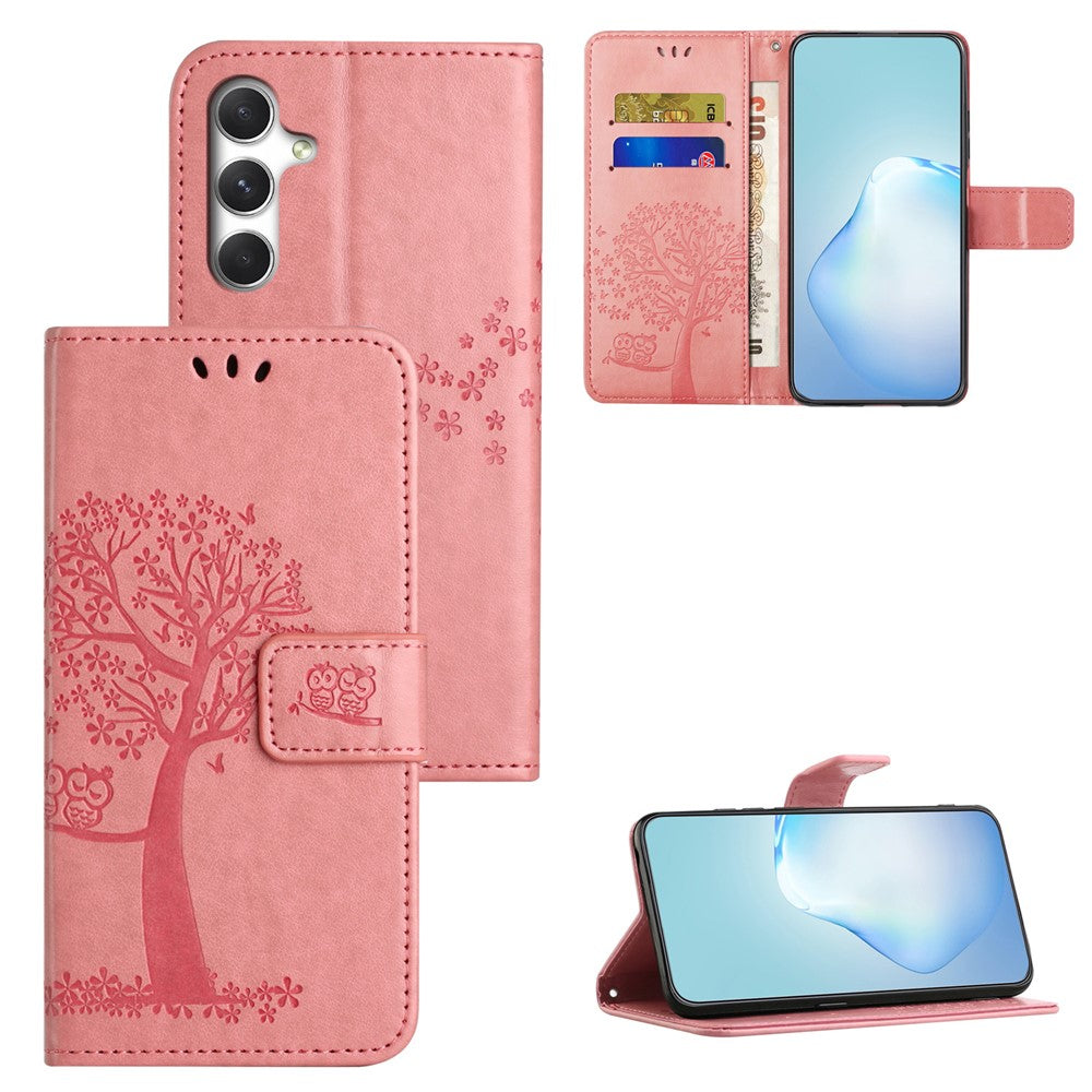 For Samsung Galaxy A57 5G Case PU Leather Owl Tree Imprinted Wallet Phone Cover with Strap  - Pink
