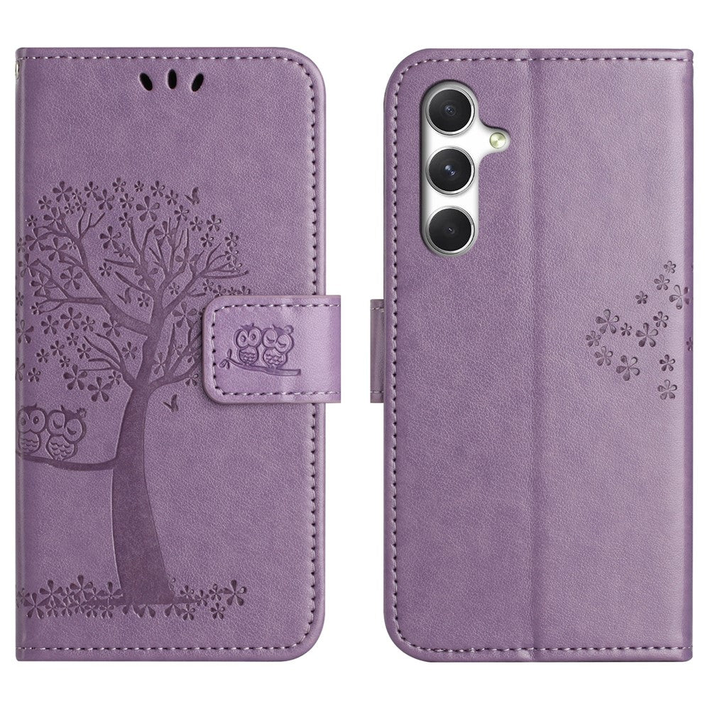 For Samsung Galaxy A57 5G Case PU Leather Owl Tree Imprinted Wallet Phone Cover with Strap  - Purple