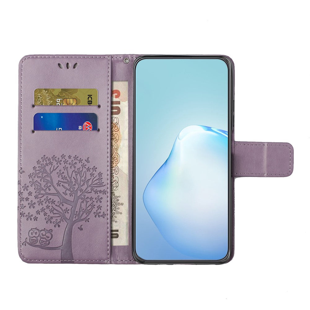 For Samsung Galaxy A57 5G Case PU Leather Owl Tree Imprinted Wallet Phone Cover with Strap  - Purple