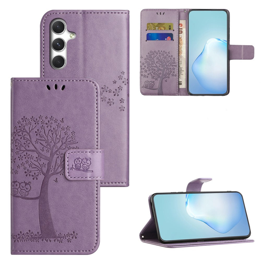 For Samsung Galaxy A57 5G Case PU Leather Owl Tree Imprinted Wallet Phone Cover with Strap  - Purple