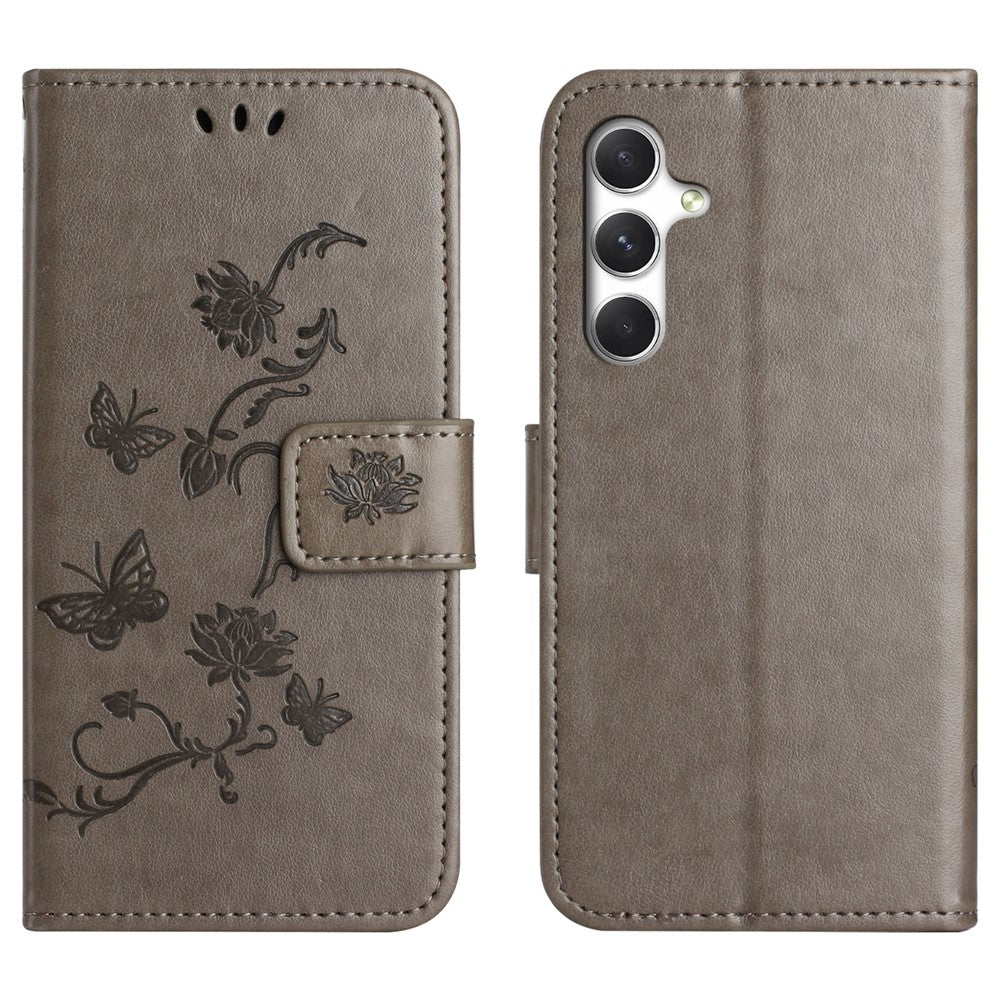 For Samsung Galaxy A57 5G Case Wallet Stand Imprinted Butterfly Flower PU Leather Phone Cover - Grey