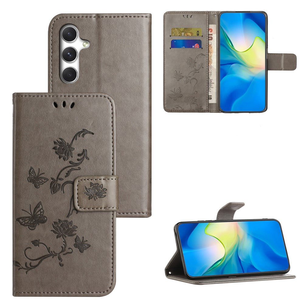 For Samsung Galaxy A57 5G Case Wallet Stand Imprinted Butterfly Flower PU Leather Phone Cover - Grey