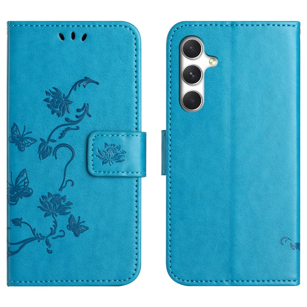 For Samsung Galaxy A57 5G Case Wallet Stand Imprinted Butterfly Flower PU Leather Phone Cover - Blue