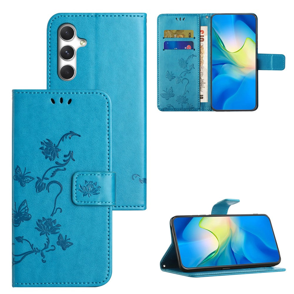 For Samsung Galaxy A57 5G Case Wallet Stand Imprinted Butterfly Flower PU Leather Phone Cover - Blue