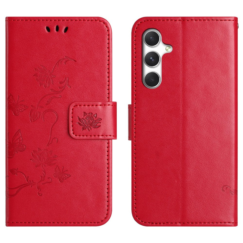 For Samsung Galaxy A57 5G Case Wallet Stand Imprinted Butterfly Flower PU Leather Phone Cover - Red