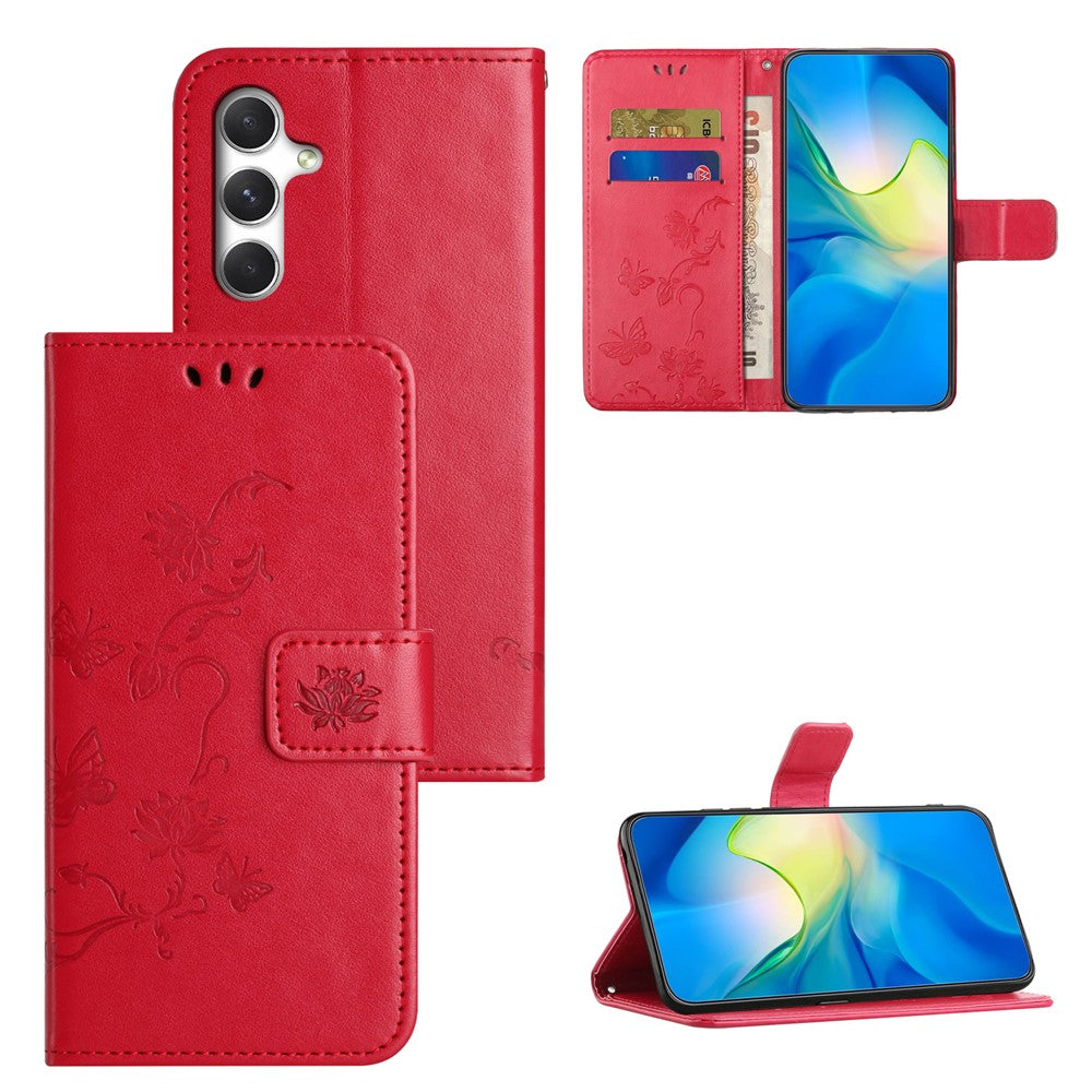 For Samsung Galaxy A57 5G Case Wallet Stand Imprinted Butterfly Flower PU Leather Phone Cover - Red