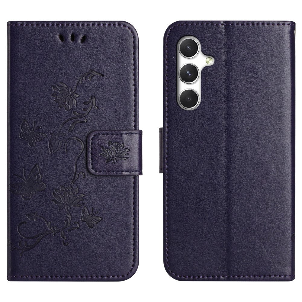 For Samsung Galaxy A57 5G Case Wallet Stand Imprinted Butterfly Flower PU Leather Phone Cover - Dark Blue
