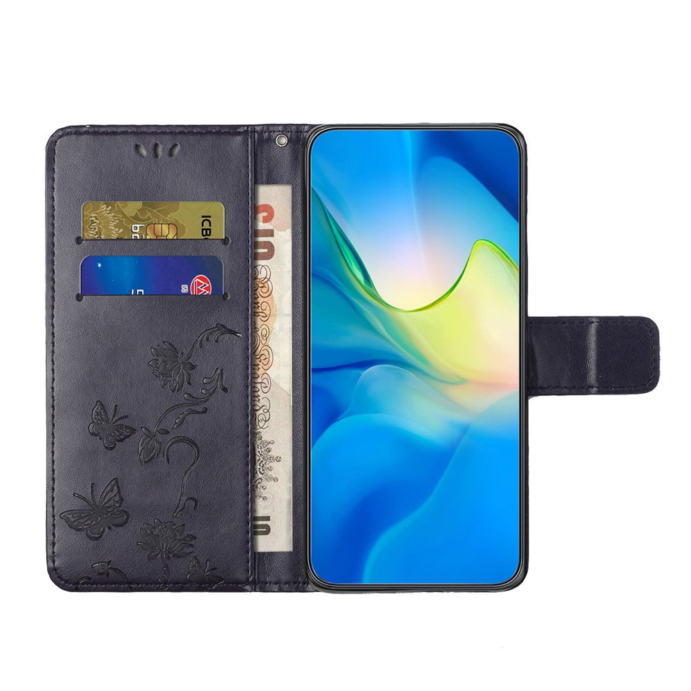 For Samsung Galaxy A57 5G Case Wallet Stand Imprinted Butterfly Flower PU Leather Phone Cover - Dark Blue