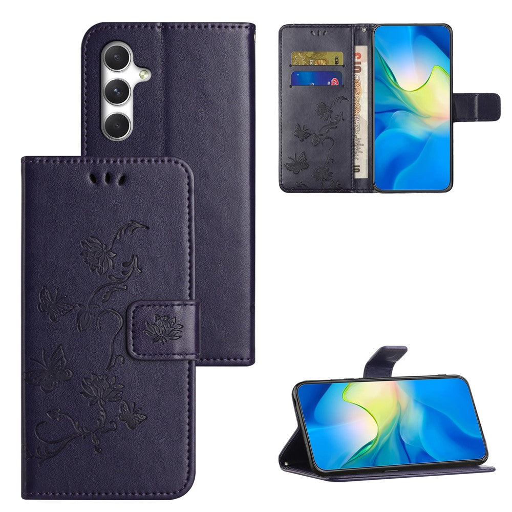 For Samsung Galaxy A57 5G Case Wallet Stand Imprinted Butterfly Flower PU Leather Phone Cover - Dark Blue