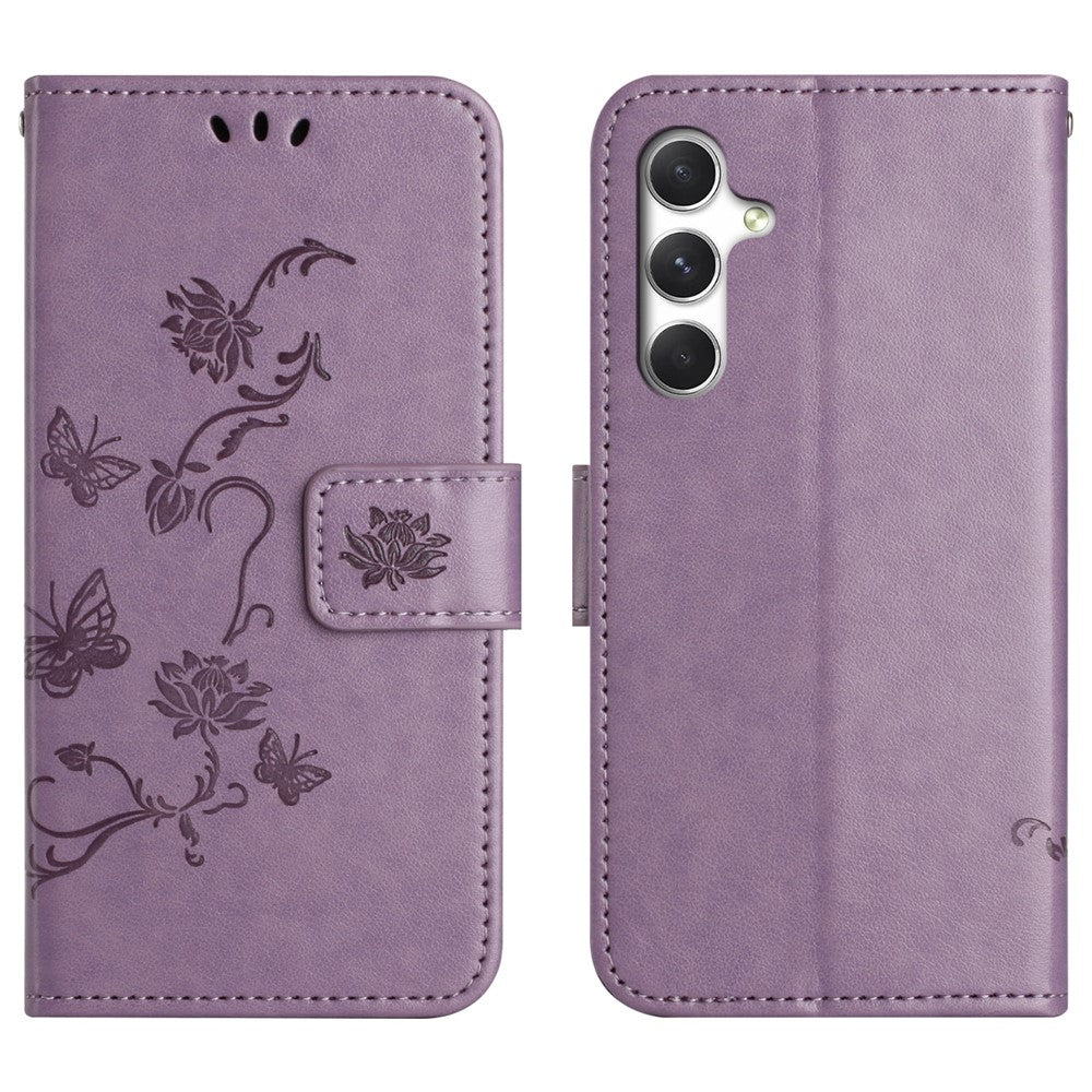 For Samsung Galaxy A57 5G Case Wallet Stand Imprinted Butterfly Flower PU Leather Phone Cover - Purple