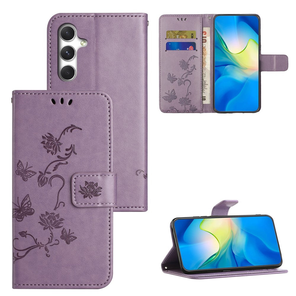 For Samsung Galaxy A57 5G Case Wallet Stand Imprinted Butterfly Flower PU Leather Phone Cover - Purple