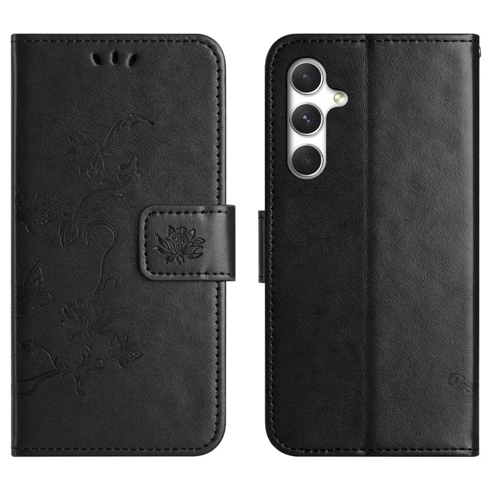 For Samsung Galaxy A57 5G Case Wallet Stand Imprinted Butterfly Flower PU Leather Phone Cover - Black