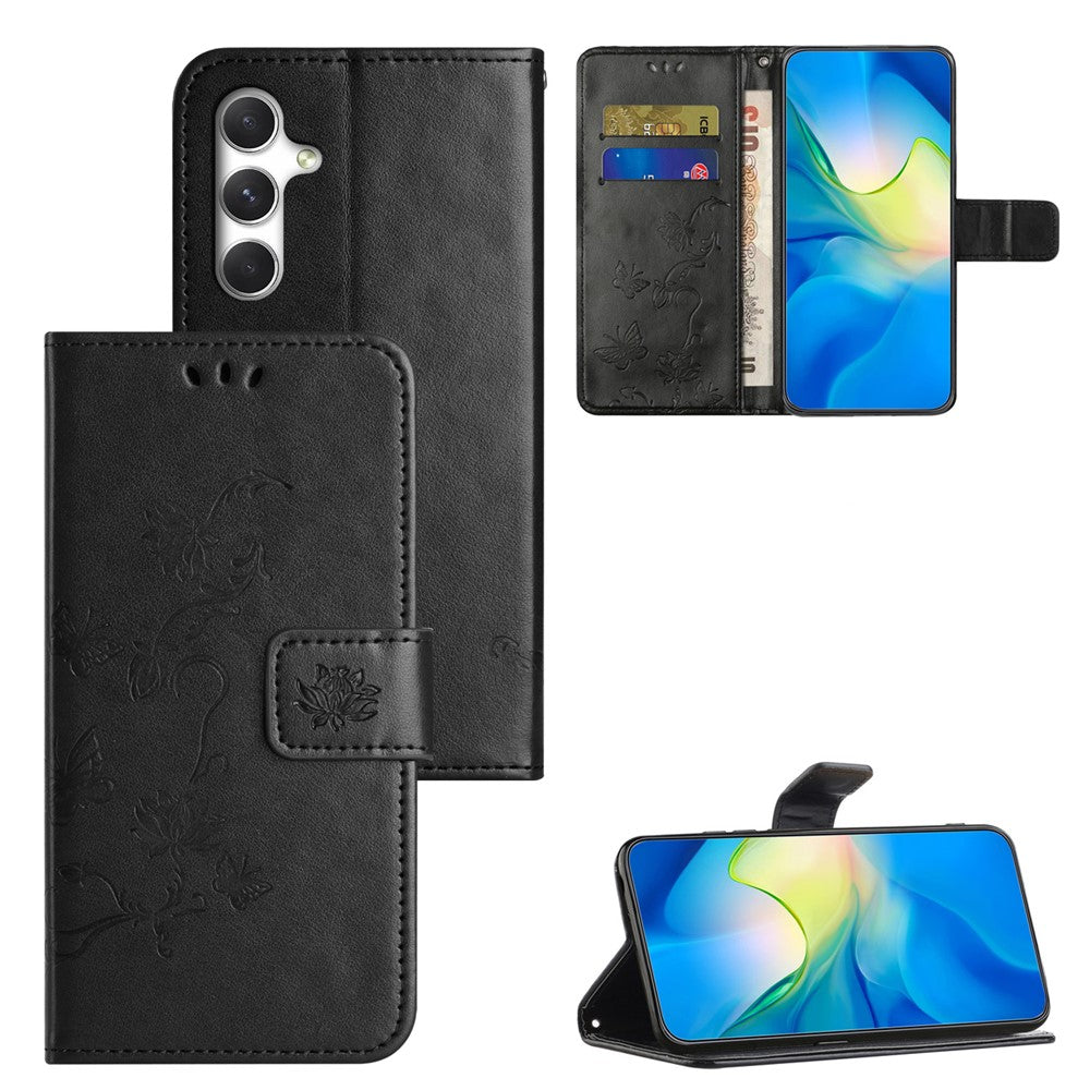 For Samsung Galaxy A57 5G Case Wallet Stand Imprinted Butterfly Flower PU Leather Phone Cover - Black
