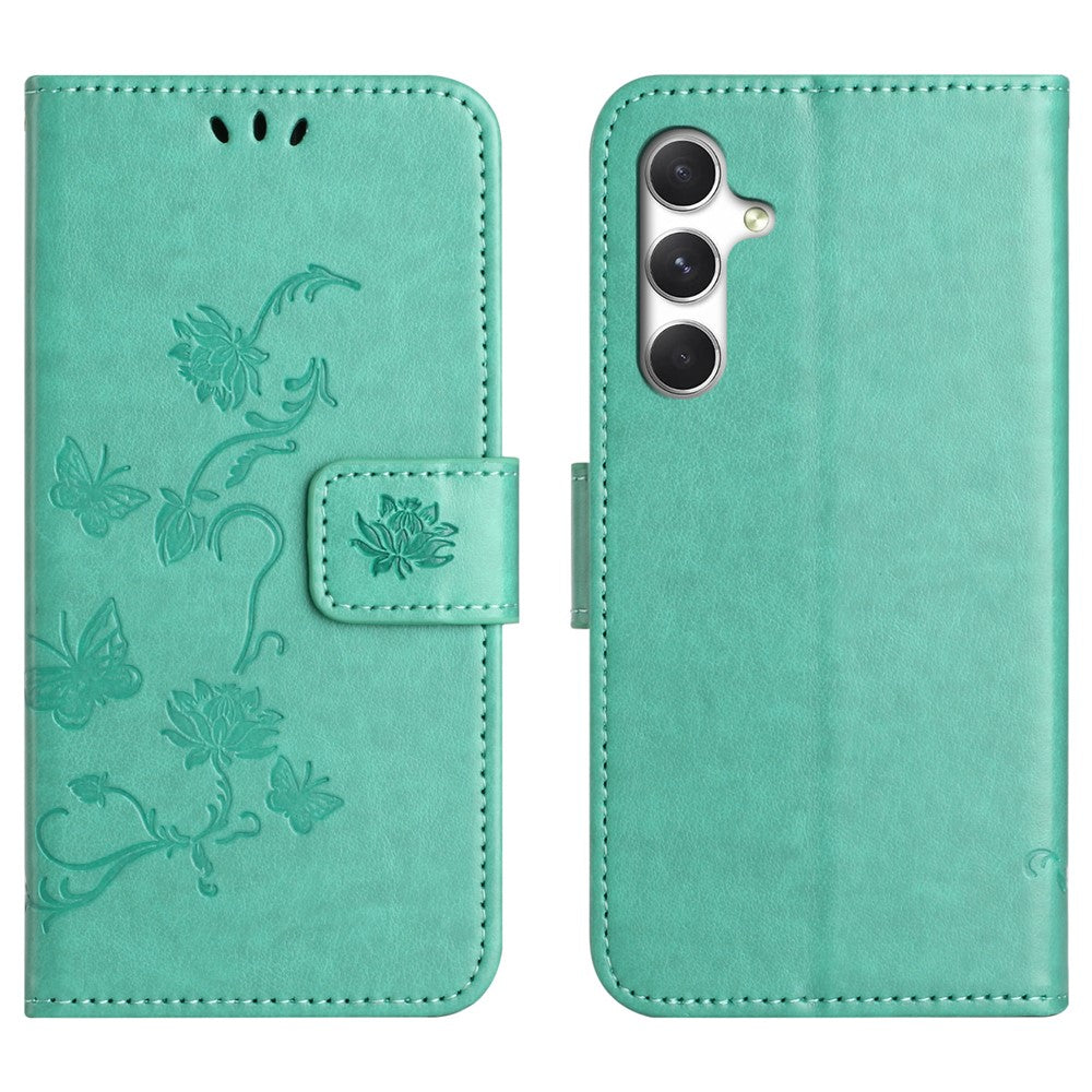 For Samsung Galaxy A57 5G Case Wallet Stand Imprinted Butterfly Flower PU Leather Phone Cover - Cyan