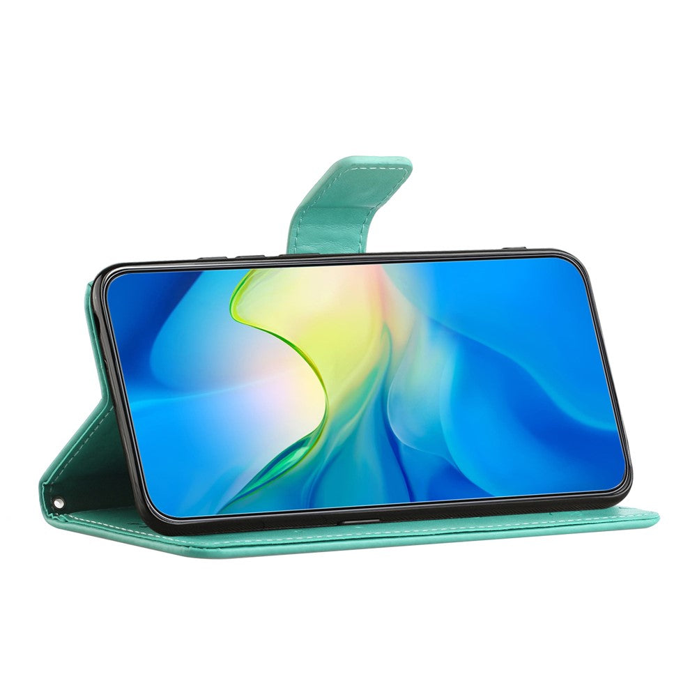 For Samsung Galaxy A57 5G Case Wallet Stand Imprinted Butterfly Flower PU Leather Phone Cover - Cyan