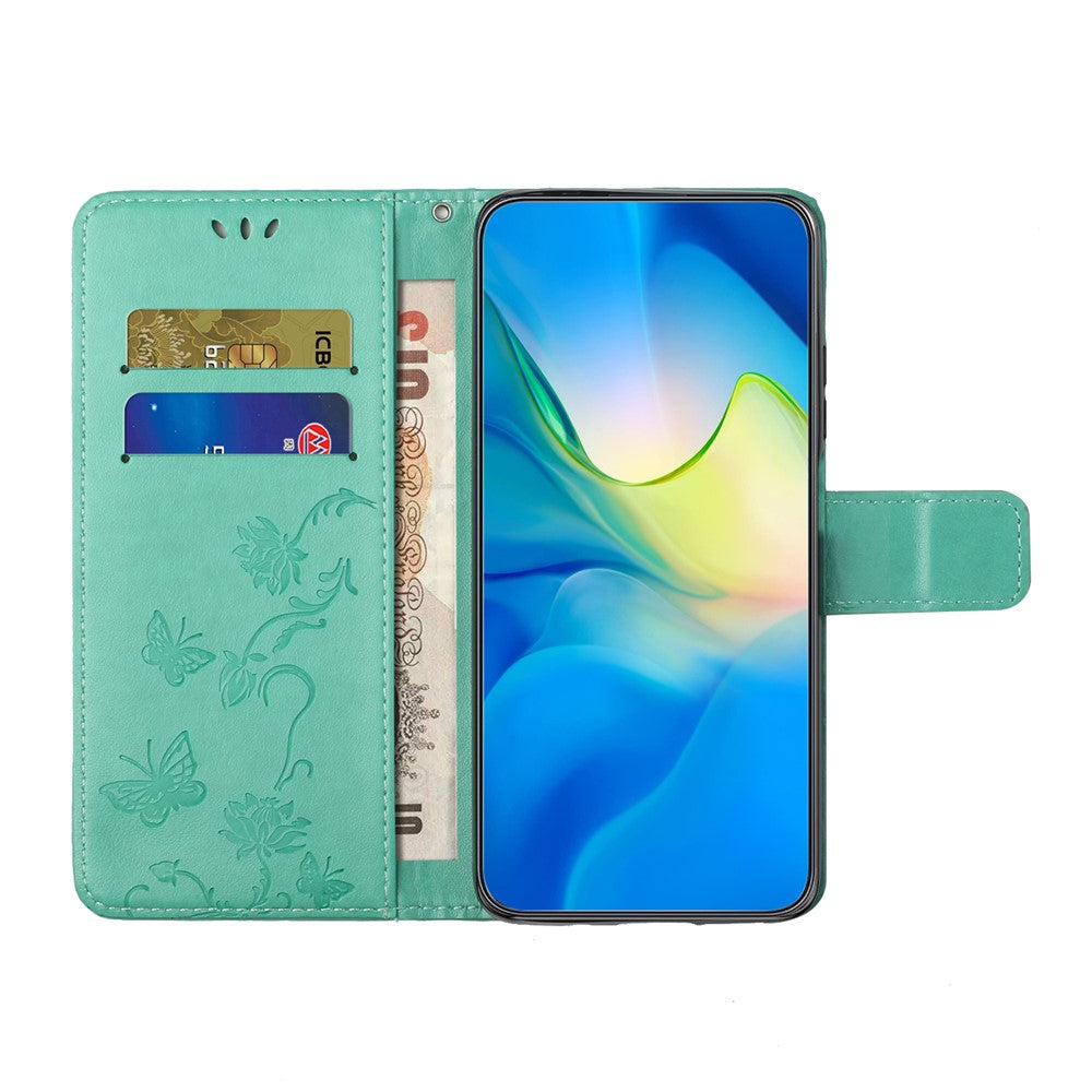 For Samsung Galaxy A57 5G Case Wallet Stand Imprinted Butterfly Flower PU Leather Phone Cover - Cyan