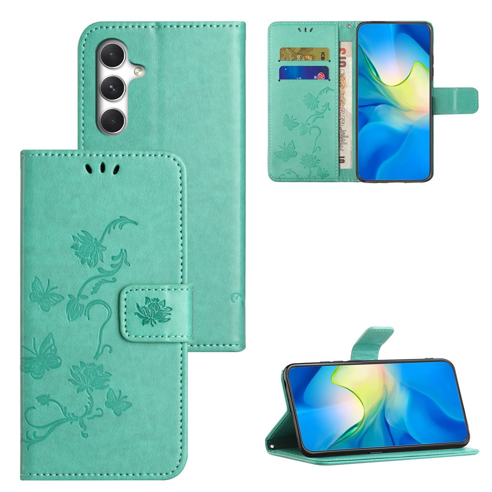 For Samsung Galaxy A57 5G Case Wallet Stand Imprinted Butterfly Flower PU Leather Phone Cover - Cyan