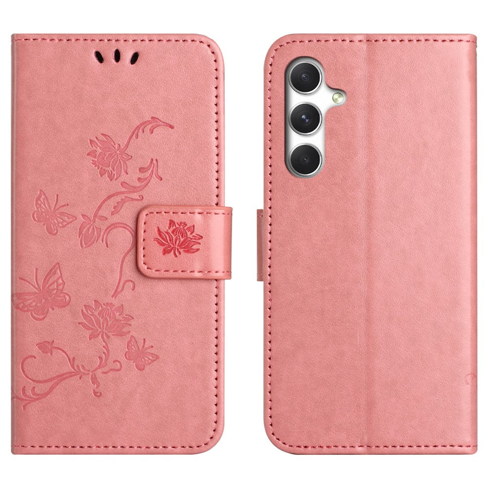 For Samsung Galaxy A57 5G Case Wallet Stand Imprinted Butterfly Flower PU Leather Phone Cover - Pink