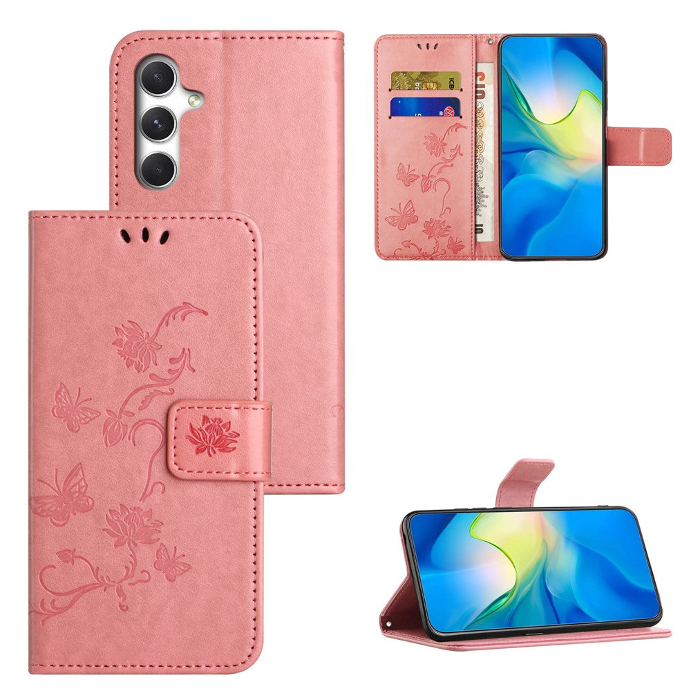 For Samsung Galaxy A57 5G Case Wallet Stand Imprinted Butterfly Flower PU Leather Phone Cover - Pink