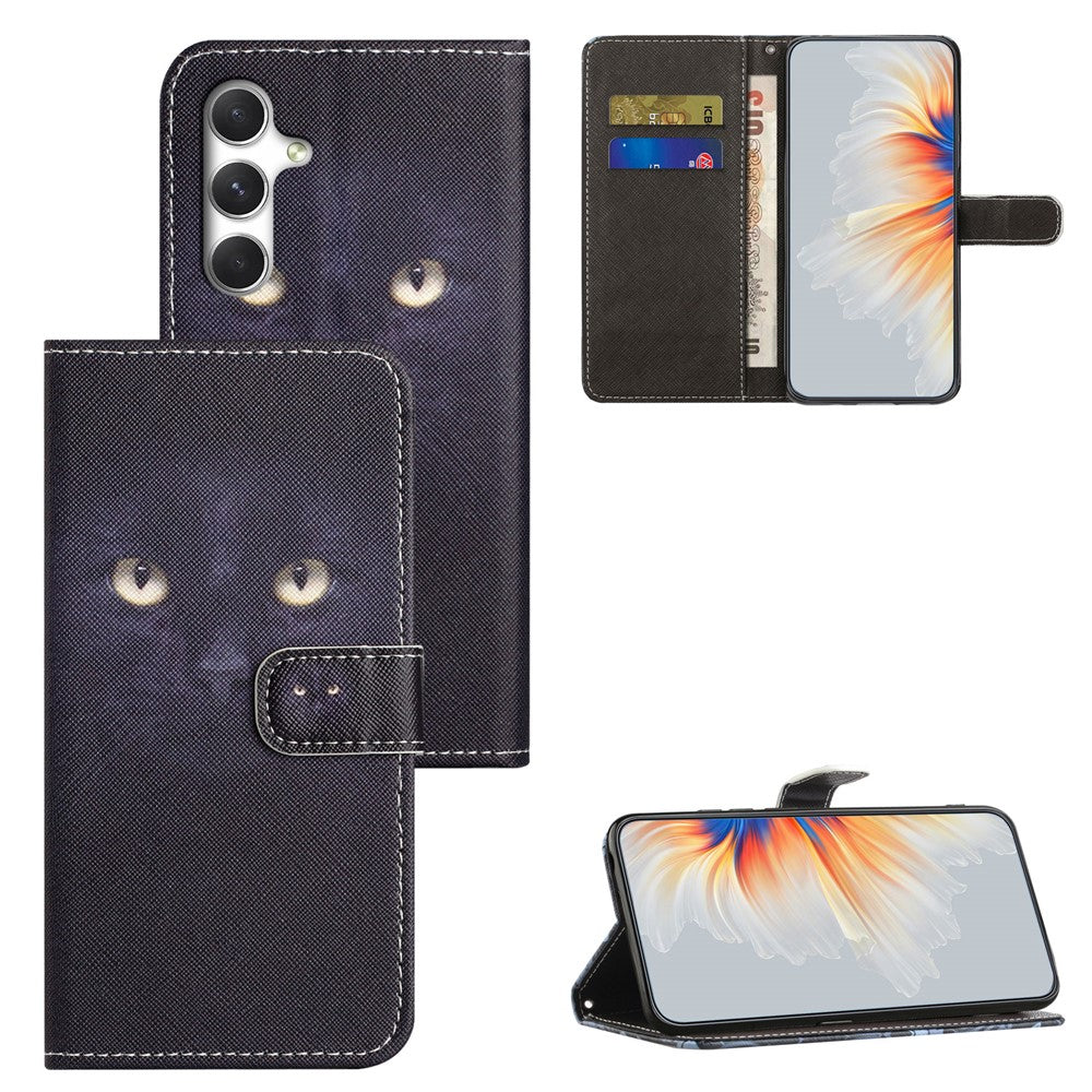 For Samsung Galaxy A57 5G Case Pattern Print PU Leather Wallet Phone Cover Cross Texture - Cat's Eye