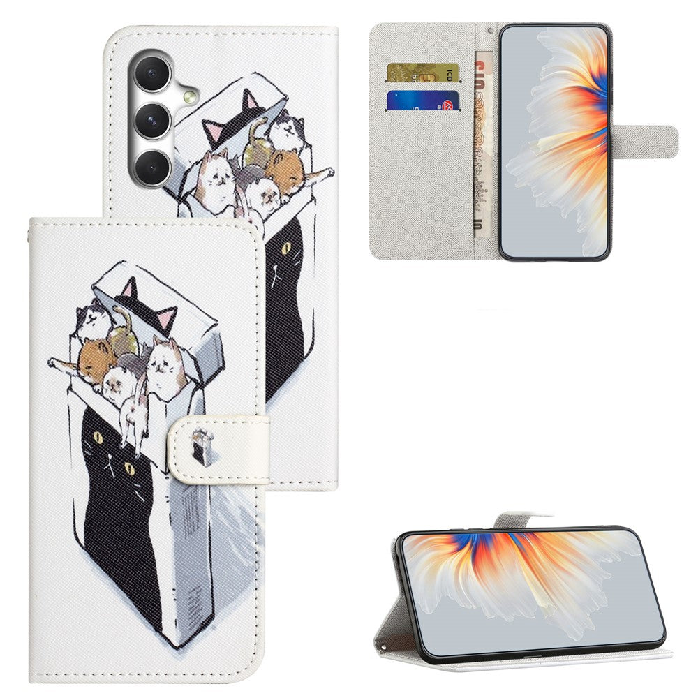For Samsung Galaxy A57 5G Case Pattern Print PU Leather Wallet Phone Cover Cross Texture - Cats