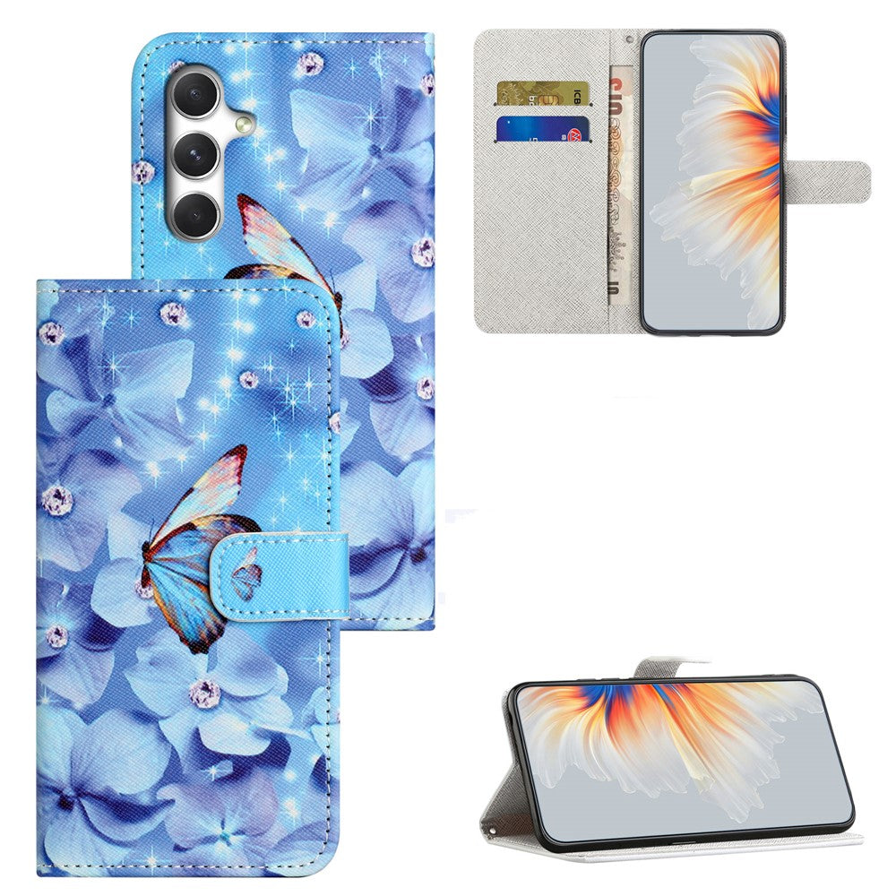 For Samsung Galaxy A57 5G Case Pattern Print PU Leather Wallet Phone Cover Cross Texture - Flower and Butterfly