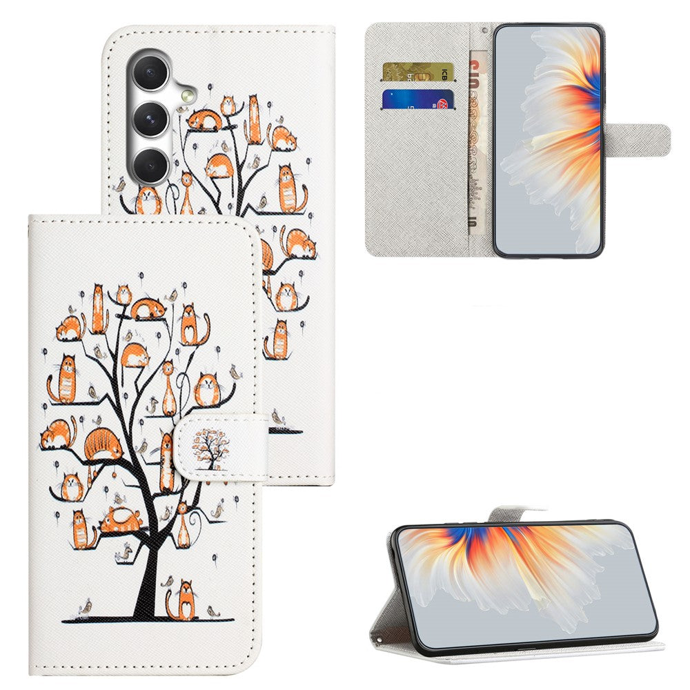 For Samsung Galaxy A57 5G Case Pattern Print PU Leather Wallet Phone Cover Cross Texture - Cat and Tree