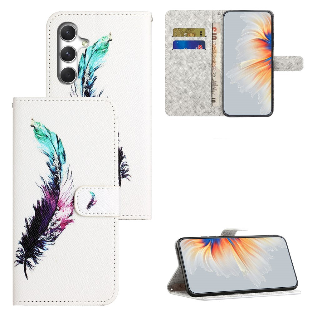 For Samsung Galaxy A57 5G Case Pattern Print PU Leather Wallet Phone Cover Cross Texture - Feather
