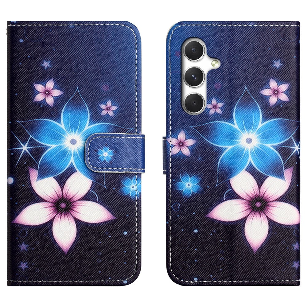 For Samsung Galaxy A57 5G Case Pattern Print PU Leather Wallet Phone Cover Cross Texture - Blue Flower