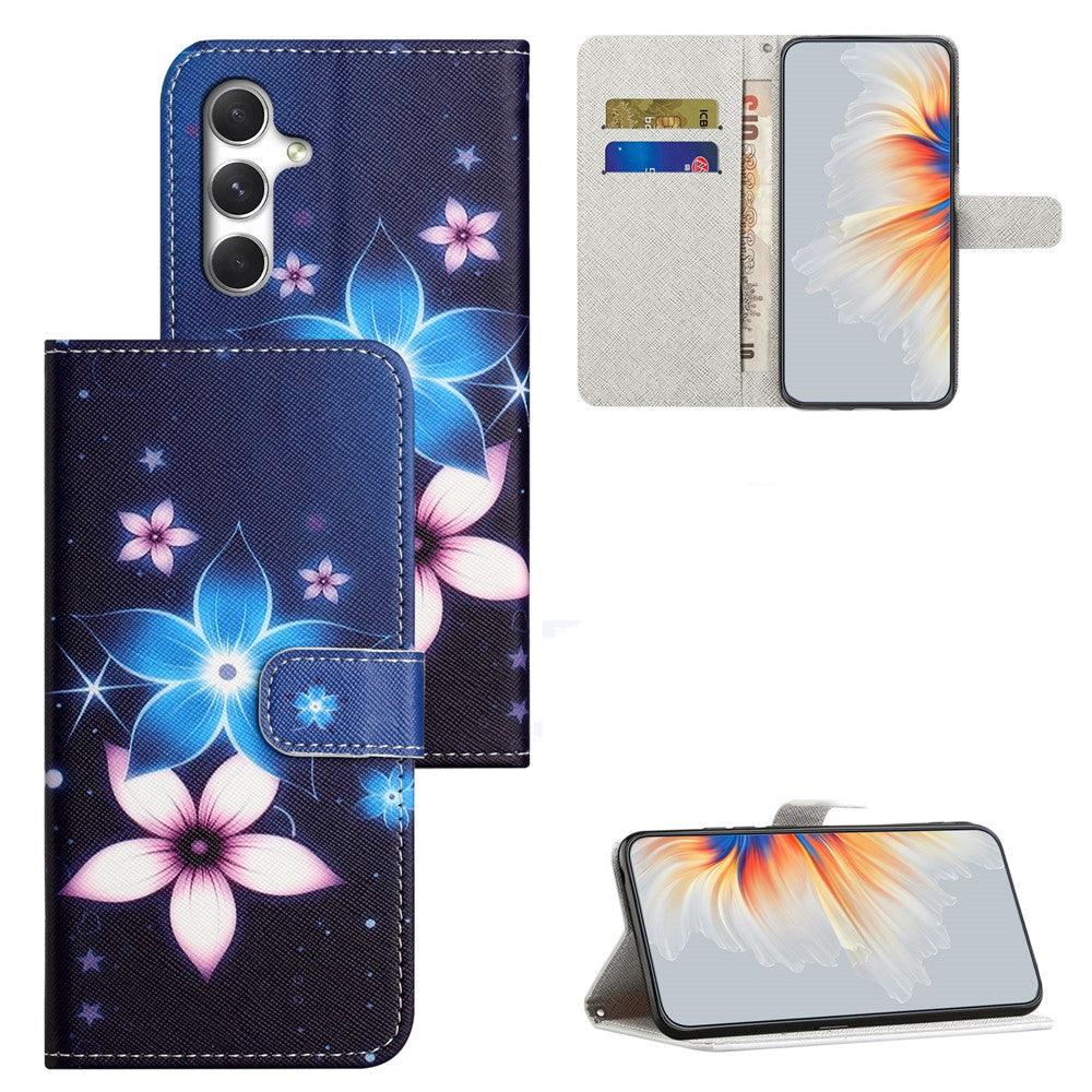 For Samsung Galaxy A57 5G Case Pattern Print PU Leather Wallet Phone Cover Cross Texture - Blue Flower