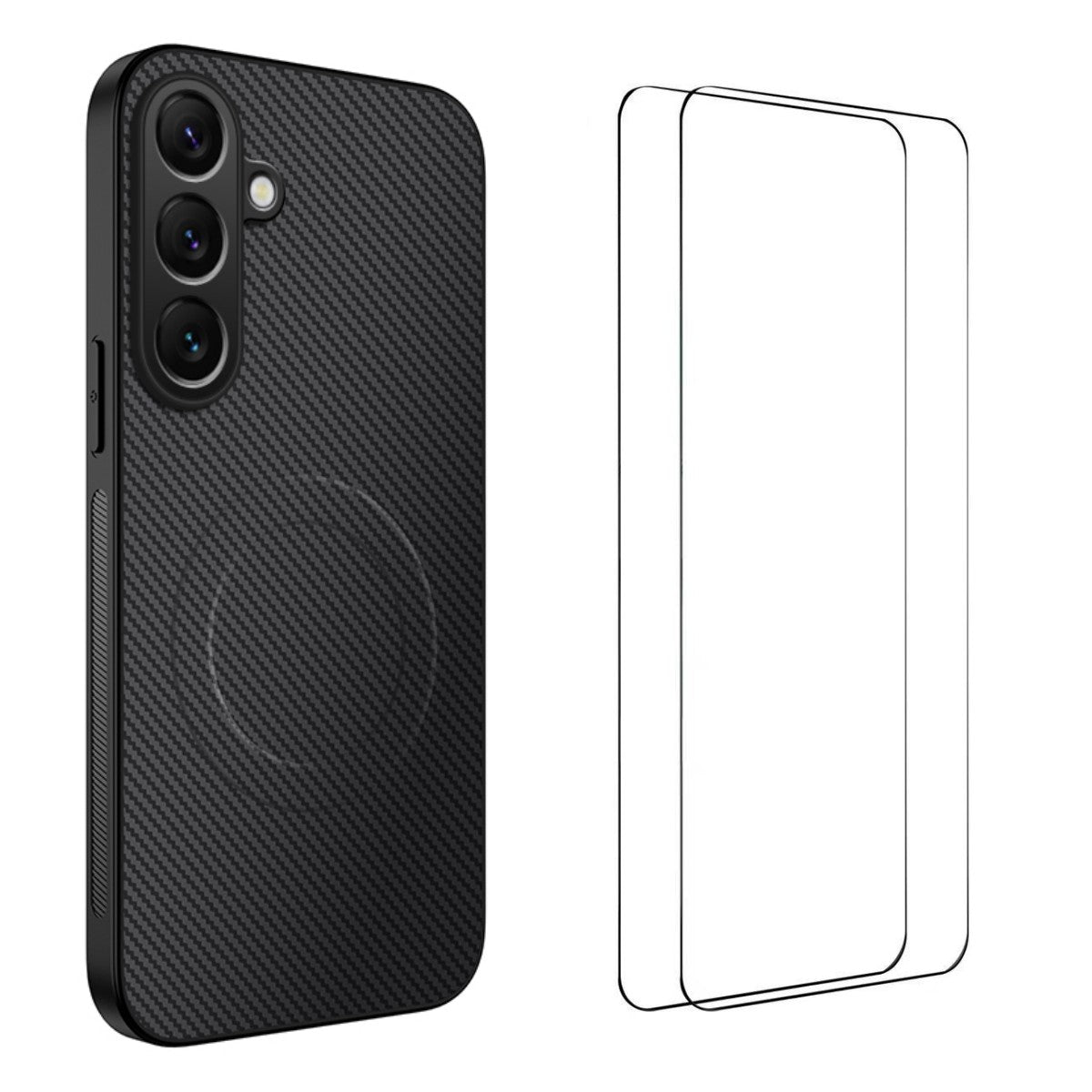 For Samsung Galaxy A57 5G Magnetic Case WANLONFENG TQ1 Series Carbon Fiber Texture PC TPU Phone Cover with 2Pcs Screen Films - Black