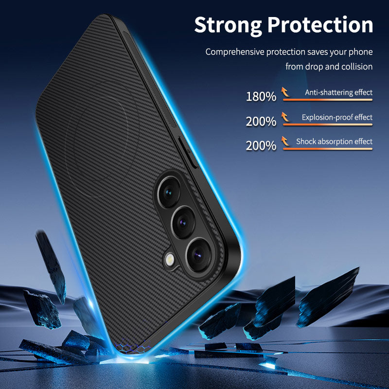 For Samsung Galaxy A57 5G Magnetic Case WANLONFENG TQ1 Series Carbon Fiber Texture PC TPU Phone Cover with 2Pcs Screen Films - Black