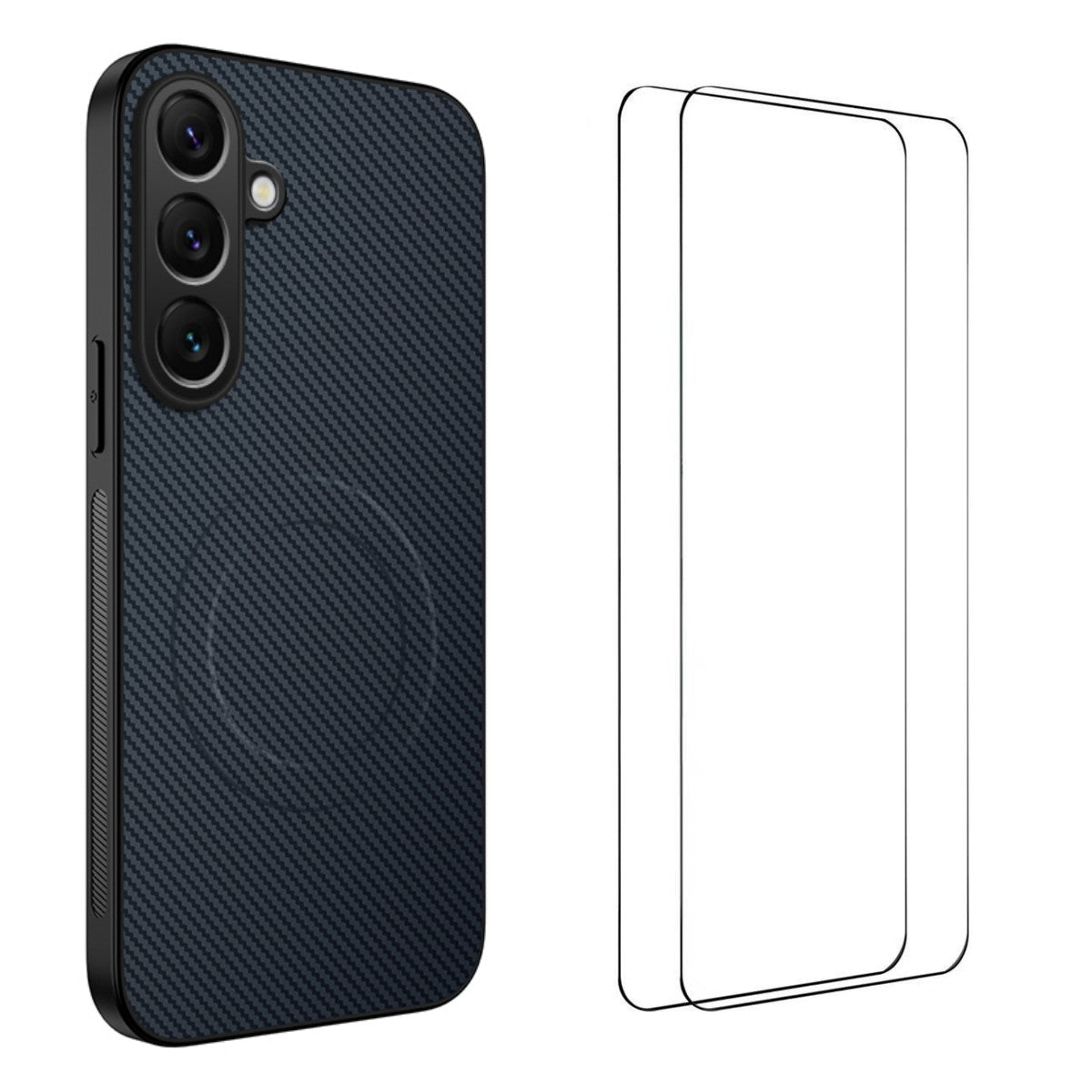 For Samsung Galaxy A57 5G Magnetic Case WANLONFENG TQ1 Series Carbon Fiber Texture PC TPU Phone Cover with 2Pcs Screen Films - Sapphire
