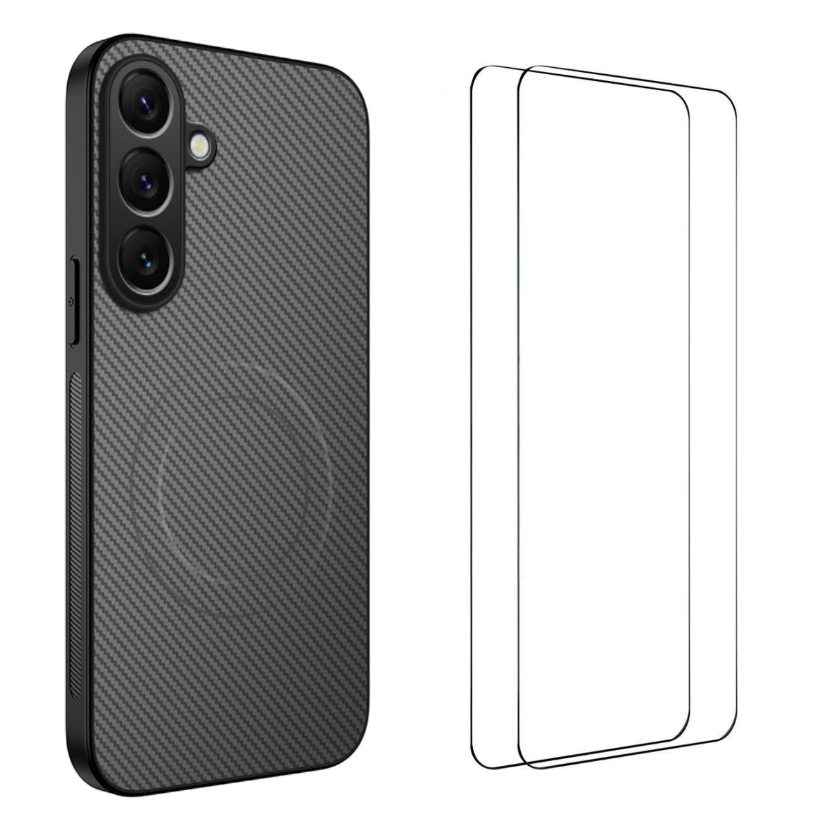 For Samsung Galaxy A57 5G Magnetic Case WANLONFENG TQ1 Series Carbon Fiber Texture PC TPU Phone Cover with 2Pcs Screen Films - Grey