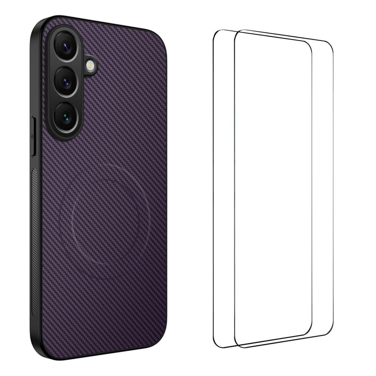 For Samsung Galaxy A57 5G Magnetic Case WANLONFENG TQ1 Series Carbon Fiber Texture PC TPU Phone Cover with 2Pcs Screen Films - Purple