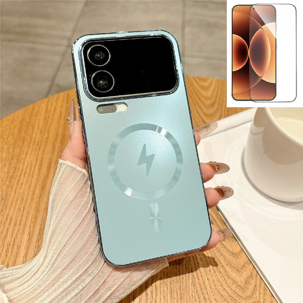 For Xiaomi 17 Pro Max Magnetic Case Electroplated Matte PC TPU Phone Cover with Tempered Glass Film - Blue