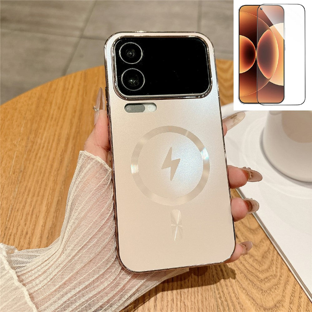 For Xiaomi 17 Pro Max Magnetic Case Electroplated Matte PC TPU Phone Cover with Tempered Glass Film - Rose Gold