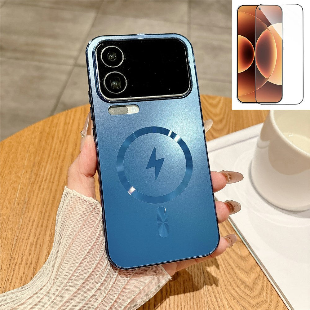 For Xiaomi 17 Pro Max Magnetic Case Electroplated Matte PC TPU Phone Cover with Tempered Glass Film - Dark Blue