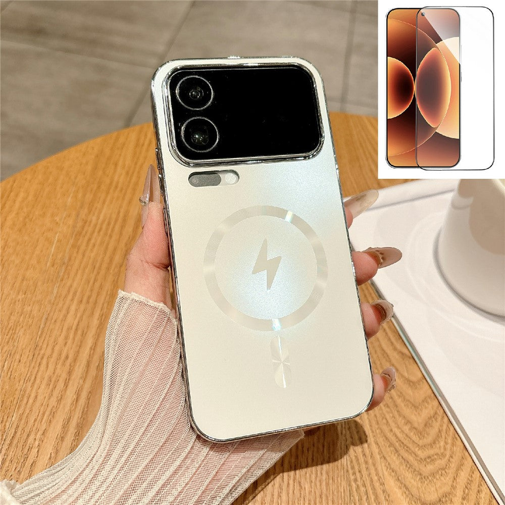For Xiaomi 17 Pro Max Magnetic Case Electroplated Matte PC TPU Phone Cover with Tempered Glass Film - White